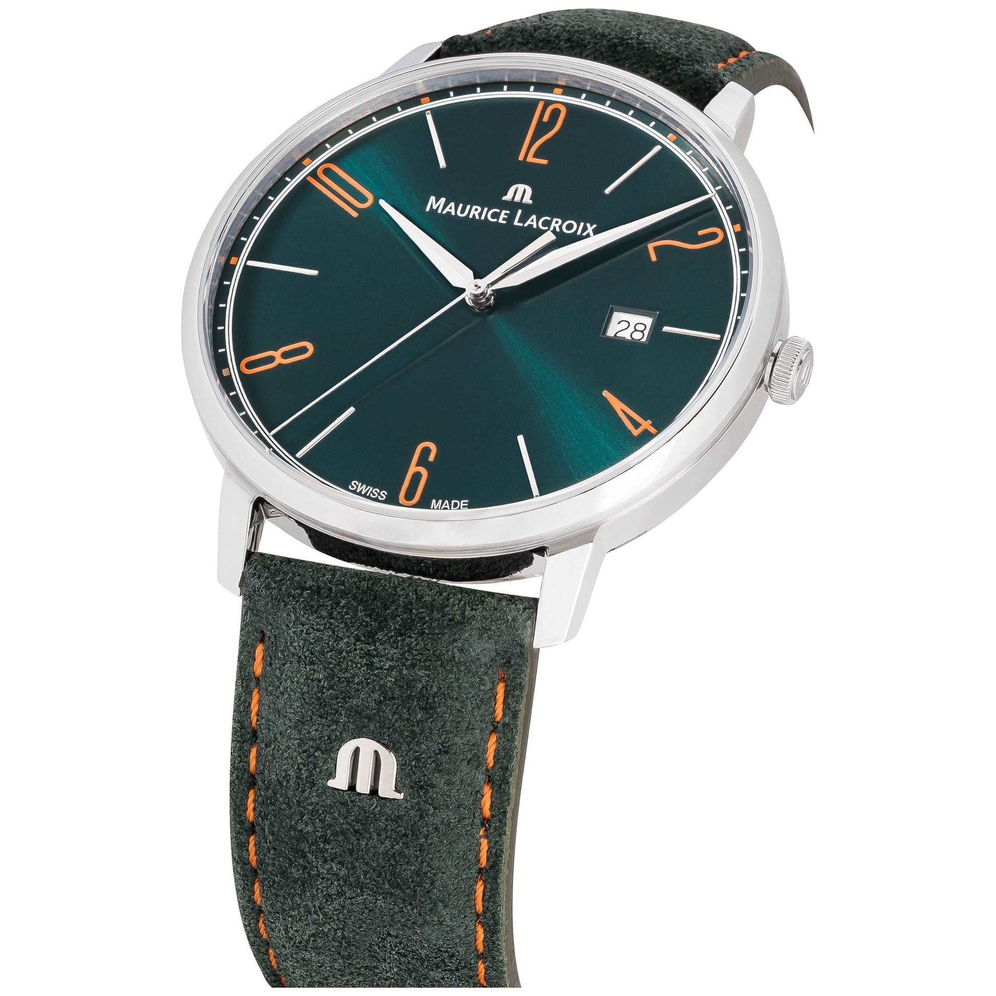MAURICE LACROIX Eliros Date Green EL1118-SS001-620-5 Men's Watch Analogue Quartz with Green Velour Leather Strap, Green, Strap.