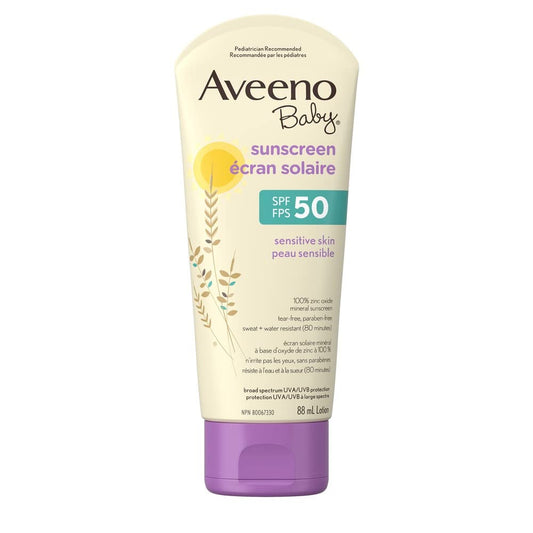 Aveeno Baby Mineral Sunscreen Lotion SPF 50-100% Naturally Sourced Zinc Oxide for Sensitive Skin - Water Resistant - 88 mL(packaging may vary). Phil and Gazelle.