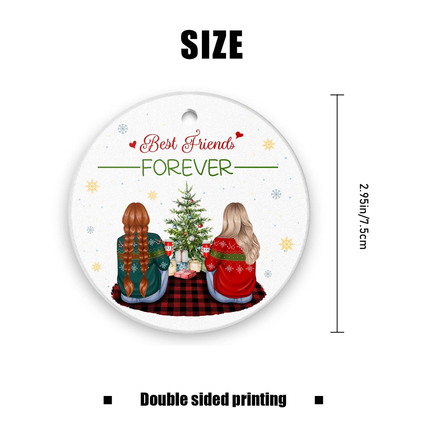 Friendship Christmas Ornament-Best Friends Forever 2024-Holiday Presents Sister Friend Gift Ceramic Decoration Friends Besties Decor Xmas Gifts 3" Round Ceramic Ornament with Gift Box