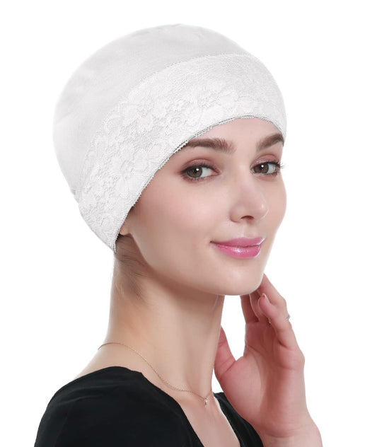 Jo Alnorm Womens Bamboo Beanie Lace Turban Soft Sleeping Night Cap Off-White