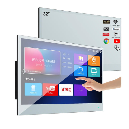 Soulaca 32 inches Smart Touchscreen Mirror LED TV for Bathroom Television Shower. Phil and Gazelle.