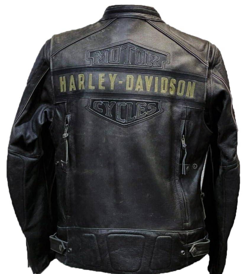 Men's H-D Motorcycle Passing Link Distressed Black Cowhide Leather Jacket. Phil and Gazelle.