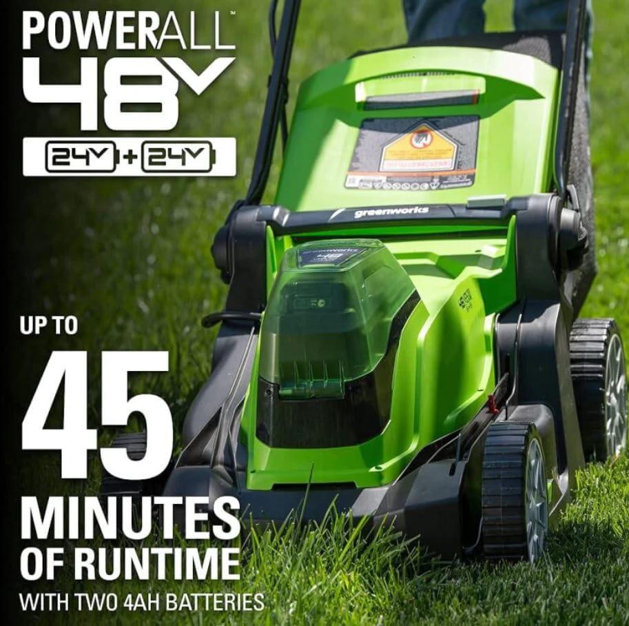 Greenworks 48V 17" Lawn Mower, 2 x 24V 4Ah Batteries Phil and Gazelle