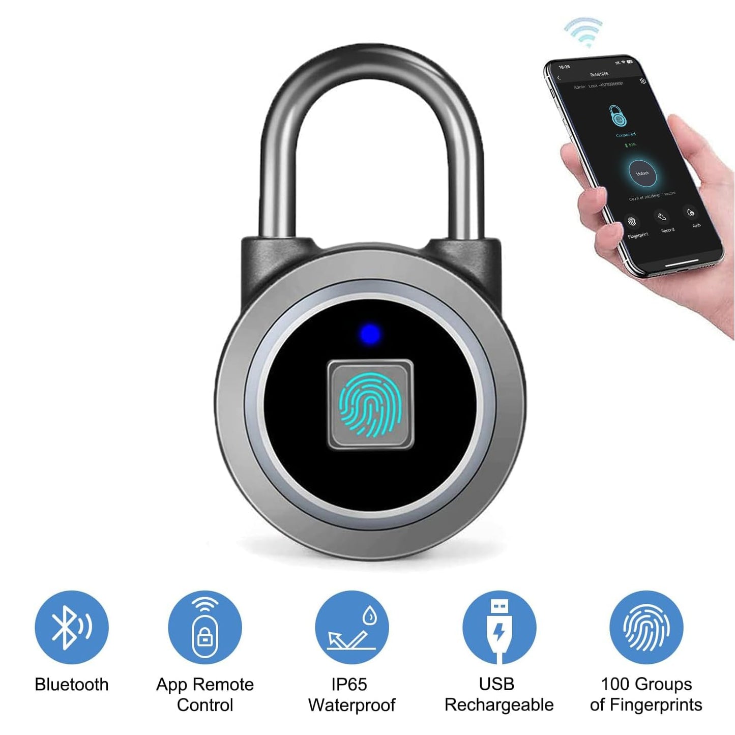 Fingerprint Padlock, Bluetooth Lock, Mobile APP, Keyless Biometric. Phil and Gazelle.