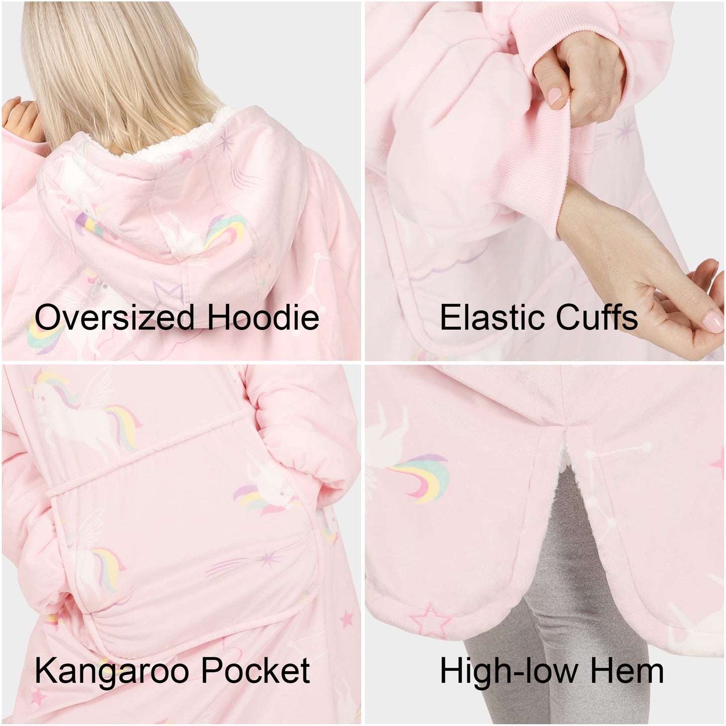 Winthome Extra Thick Wearable Blanket Hoodie Double Warm Supper Cozy Sweatshirt for Adults Men Women Wife, Soft Fuzzy Hooded Sherpa Lounging Warm Gift (Medium, Pink-Unicorn)