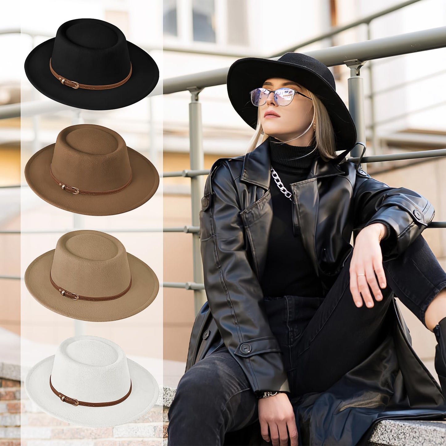 4 Pcs Women Classic Felt Fedora Wide Brim Hat with Belt Buckle Vintage Jazz Hat Boho Panama Hat for Party Travel Beach