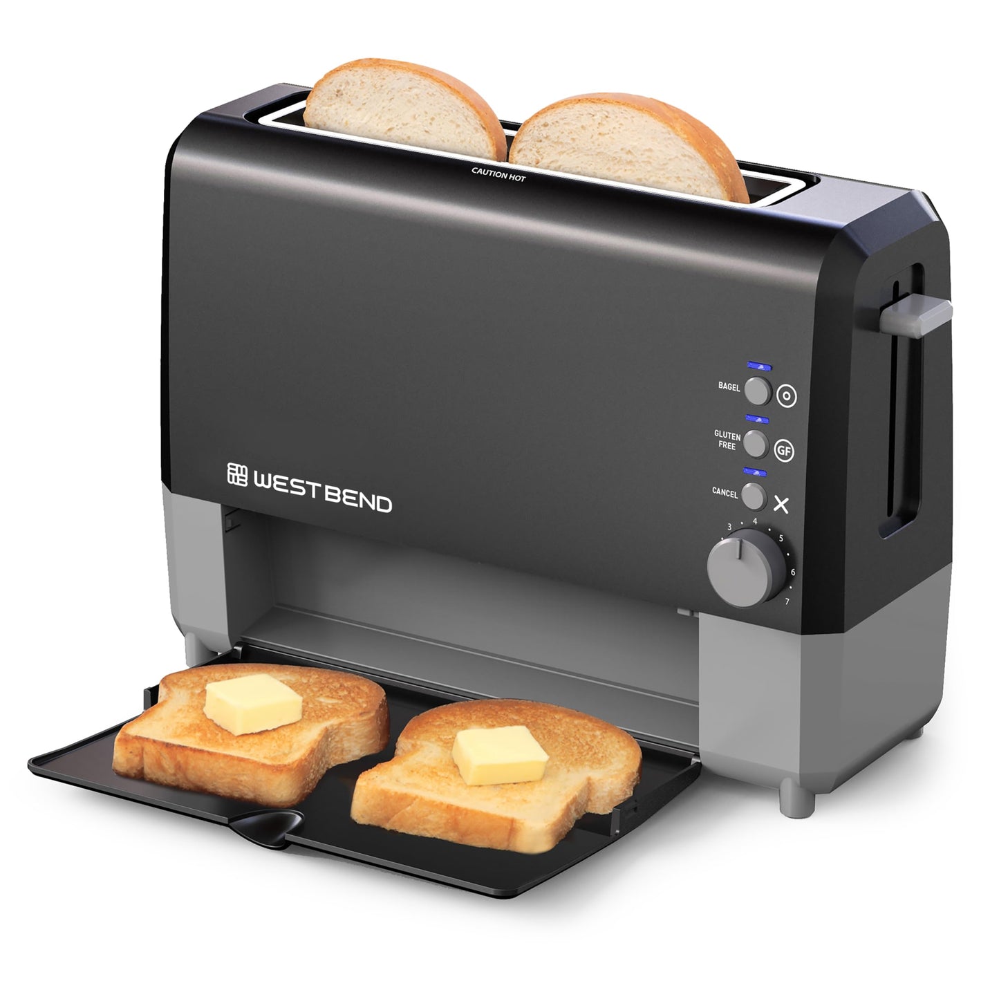 West Bend 77224 QuikServe Slide Through Wide Slot Toaster with Cool Touch Exterior & Removable Crumb Tray, 2-Slice, Black