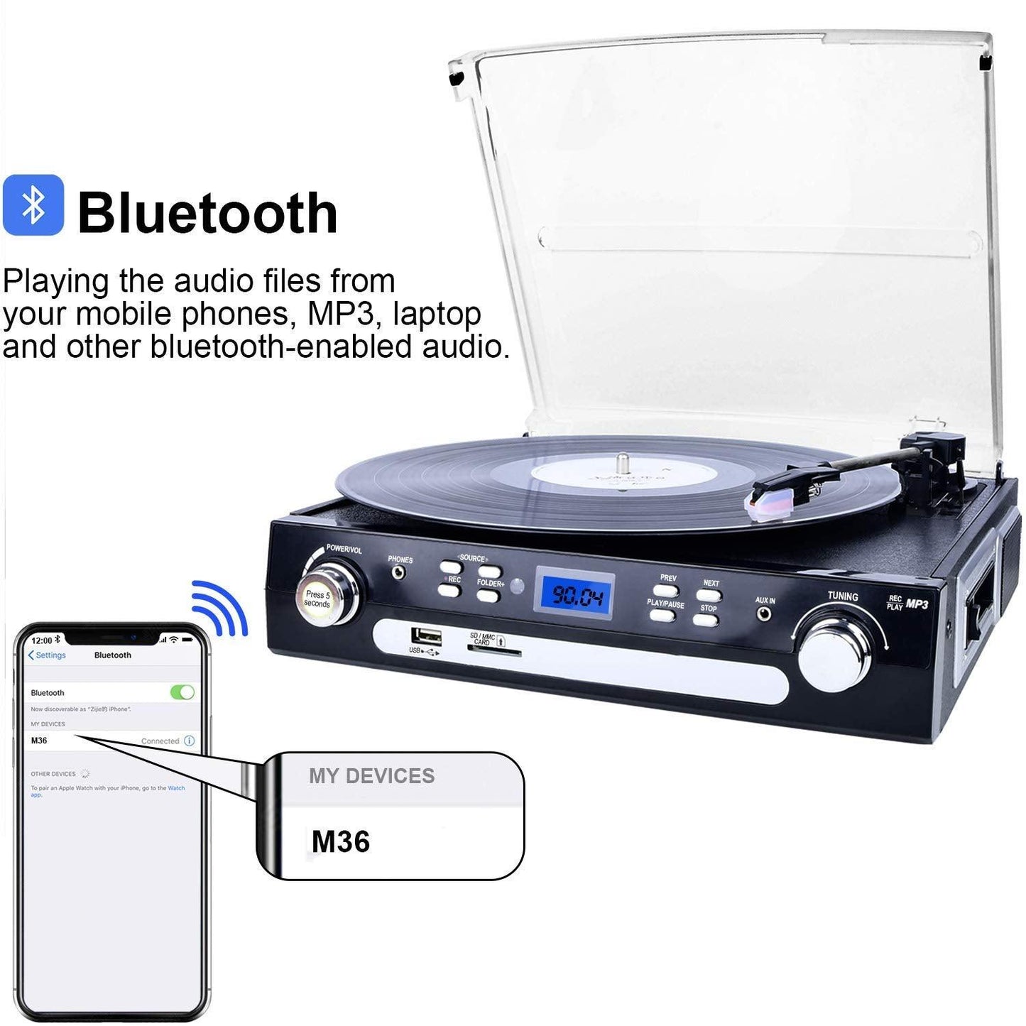 DIGITNOW Vinyl/LP Turntable Record Player, with Bluetooth, AM&amp;FM Radio, Cassette Tape, Aux in, USB/SD Encoding &amp; Playing MP3. Phil and Gazelle.