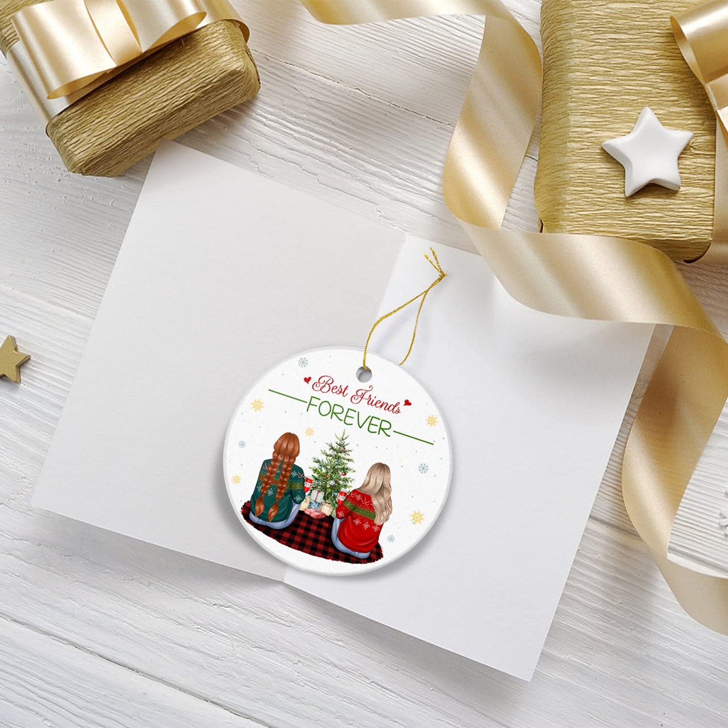 Friendship Christmas Ornament-Best Friends Forever 2024-Holiday Presents Sister Friend Gift Ceramic Decoration Friends Besties Decor Xmas Gifts 3" Round Ceramic Ornament with Gift Box