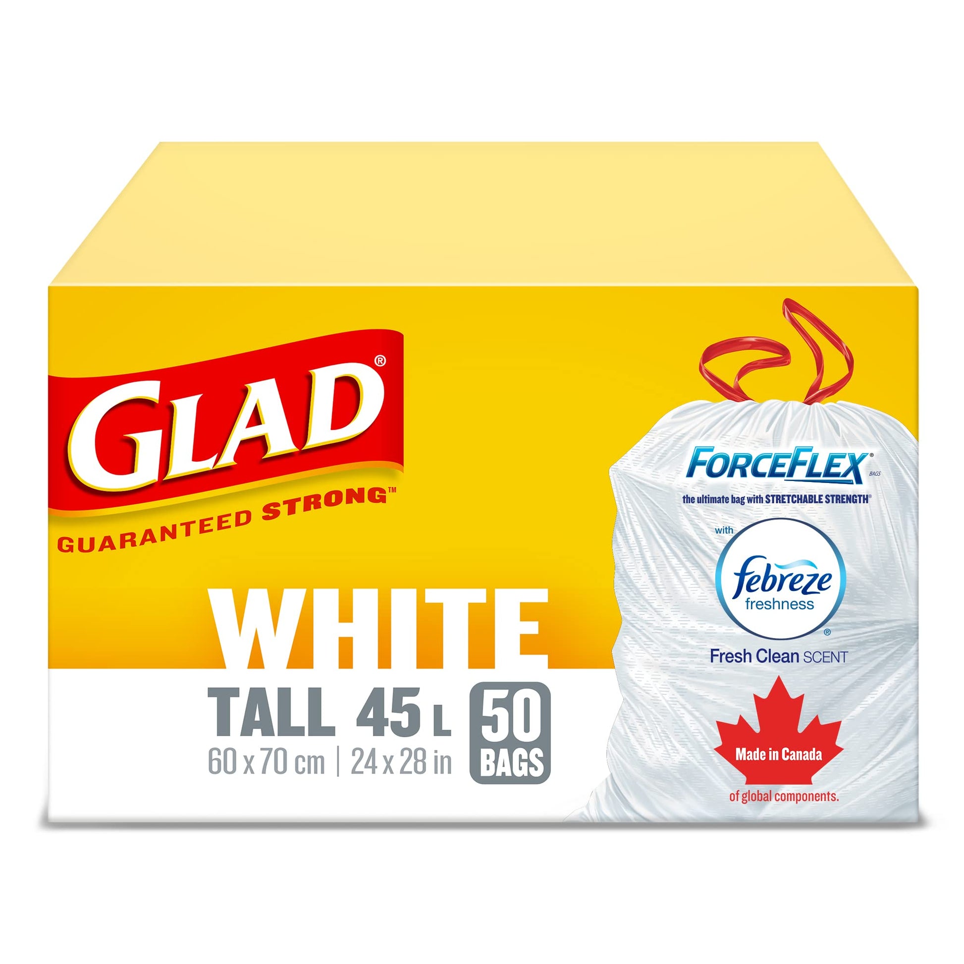 Glad White Garbage Bags - Tall 45 Litres - ForceFlex, Drawstring, with Febreze Fresh Clean Scent, 50 Trash Bags, Made in Canada of Global Components Phil and Gazelle