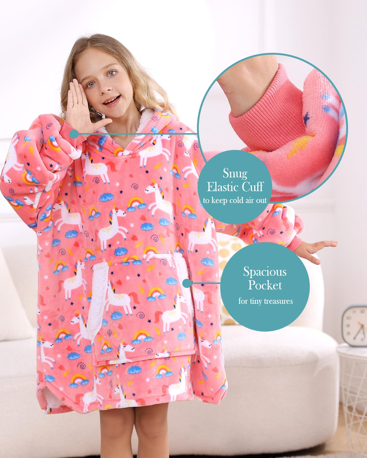 Topblan Blanket Hoodie for Kids, Sherpa Fleece Thick Wearable Blanket with Big Hooded & Gaint Pocket, Warm Comfortable Blanket Sweatshirt, Pink