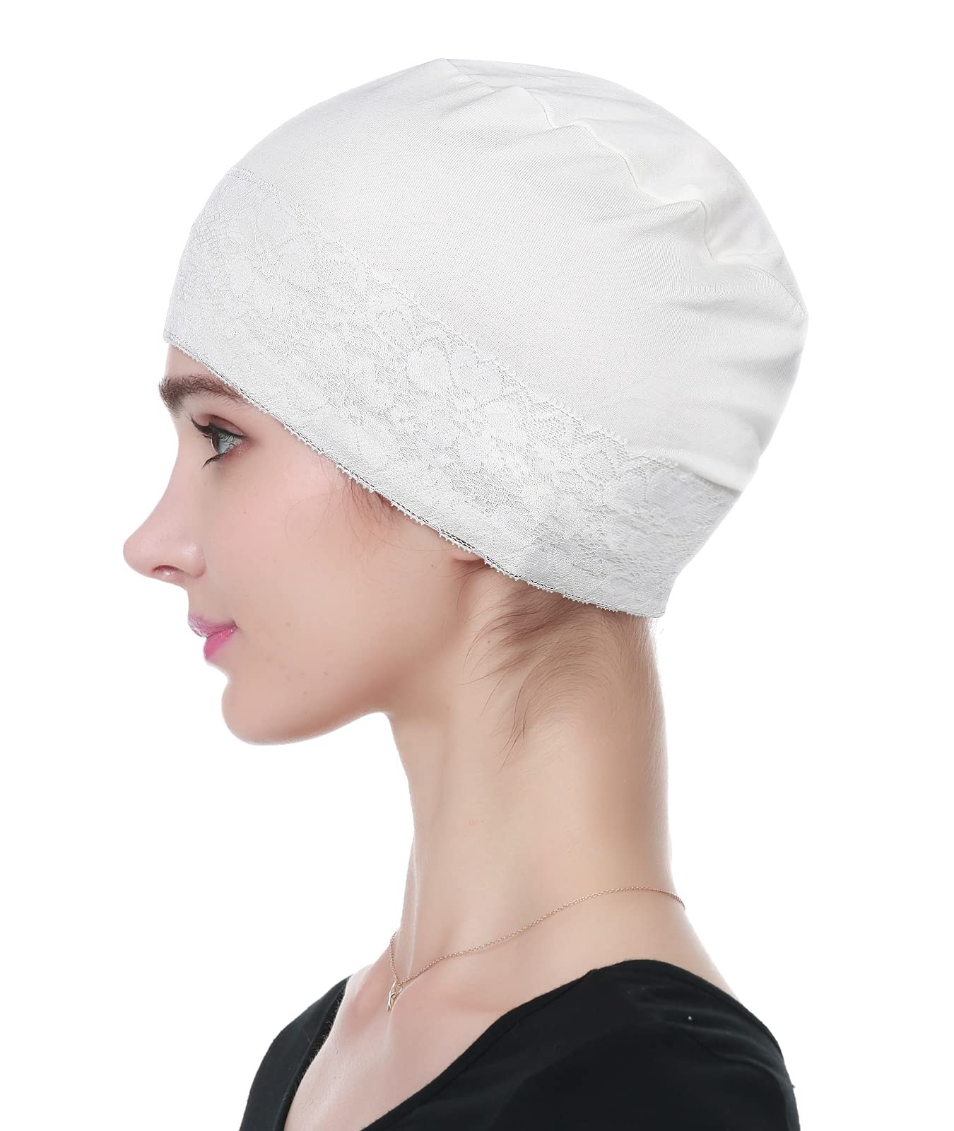 Jo Alnorm Womens Bamboo Beanie Lace Turban Soft Sleeping Night Cap Off-White