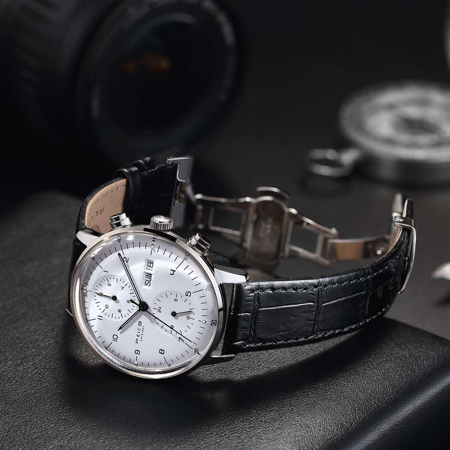 FEICE Men's Automatic Mechanical Watch Bauhaus Design Analog Waterproof Wrist Watches Calendar Leather Band Simple Casual Dress Watches for Men -FM121 (1-White) Phil and Gazelle