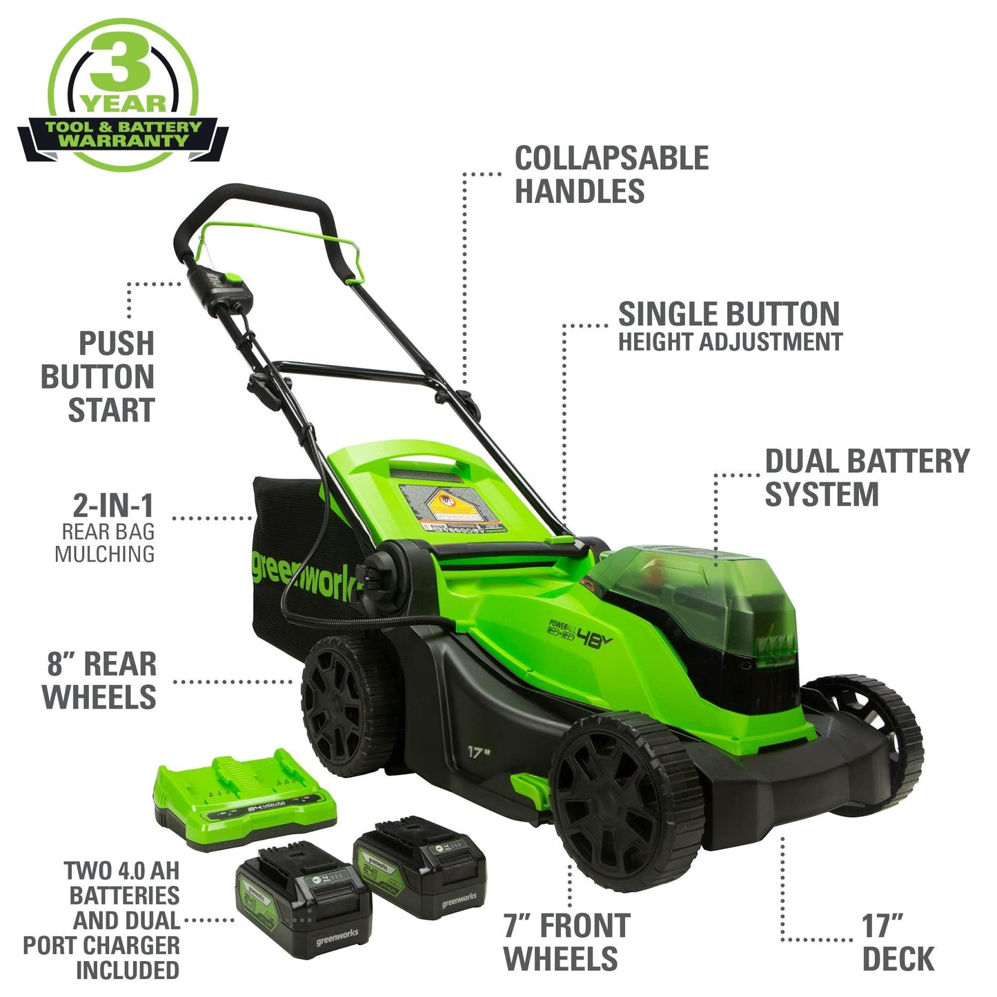 Greenworks 48V 17" Lawn Mower, 2 x 24V 4Ah Batteries Phil and Gazelle