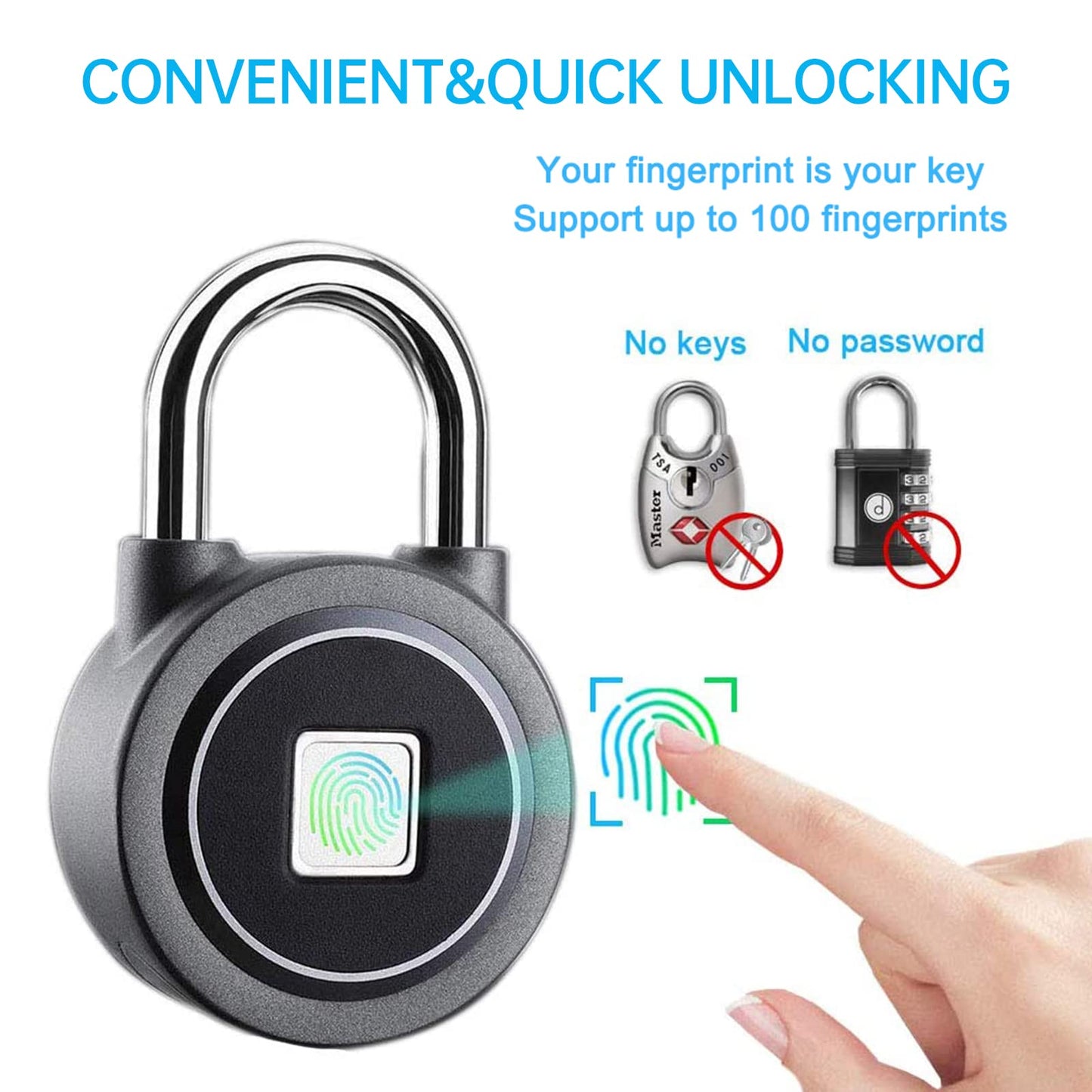 Fingerprint Padlock, Bluetooth Lock, Mobile APP, Keyless Biometric. Phil and Gazelle.