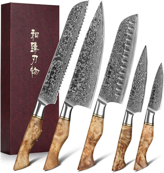 HEZHEN 5PC Kitchen Knives Set-Durable, Vacuum Heat Treated Damascus Steel. Phil and Gazelle.