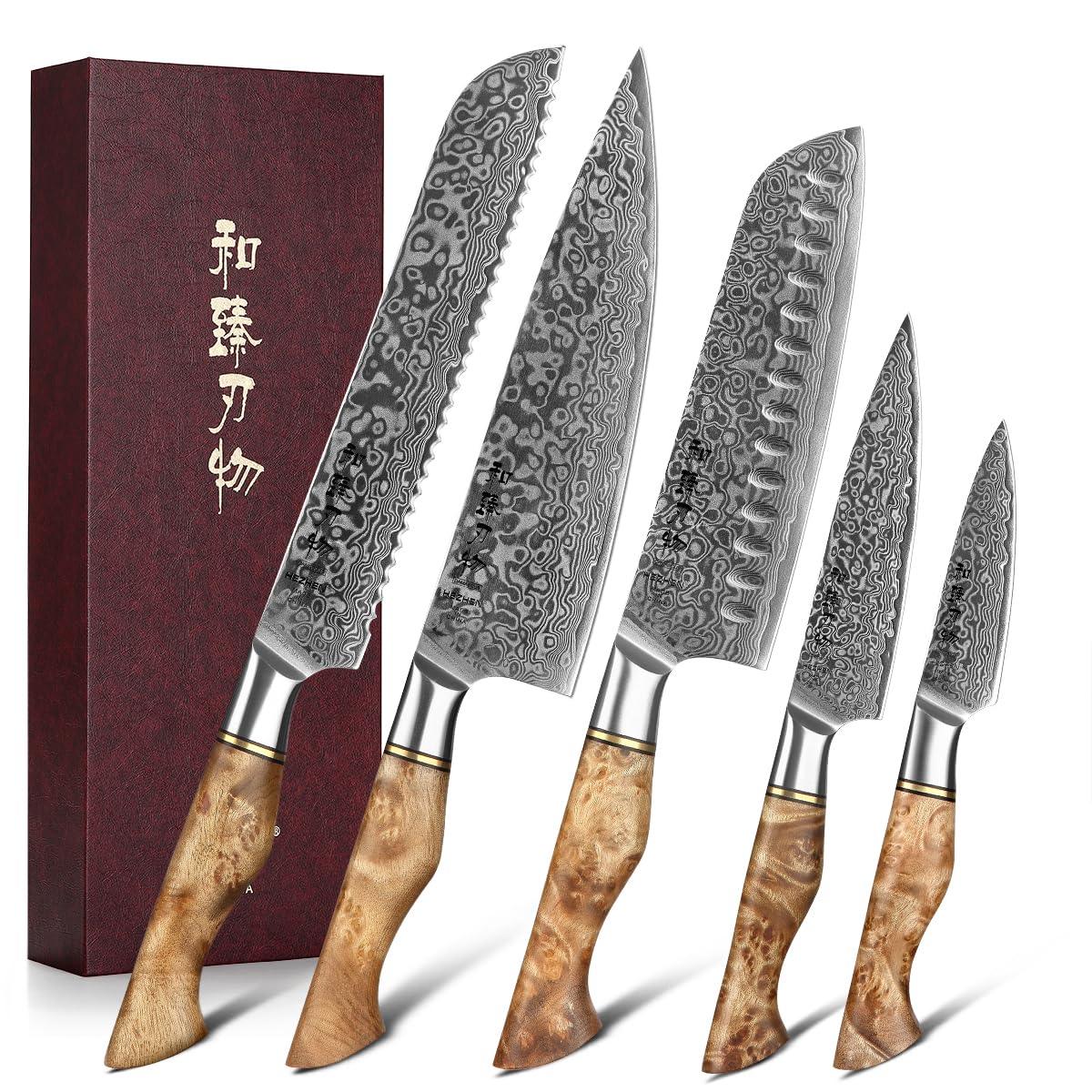 HEZHEN 5PC Kitchen Knives Set-Durable, Vacuum Heat Treated Damascus Steel. Phil and Gazelle.