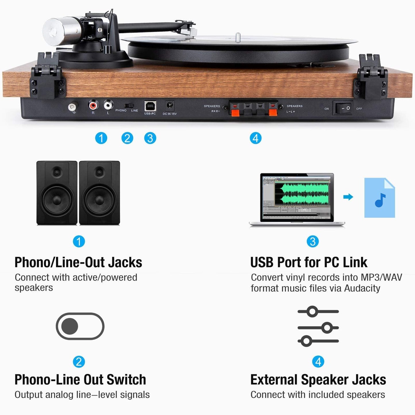 1 BY ONE Record Player Wireless Turntable HiFi System 36 Watt. Phil and Gazelle.