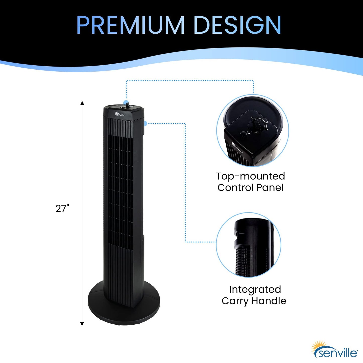 Senville 27" Standing Fan for Bedroom and Home with 60° Oscillation, 3 Speed, Compact Space-Saving Design, SENFZ10-19M. phil and Gazelle.