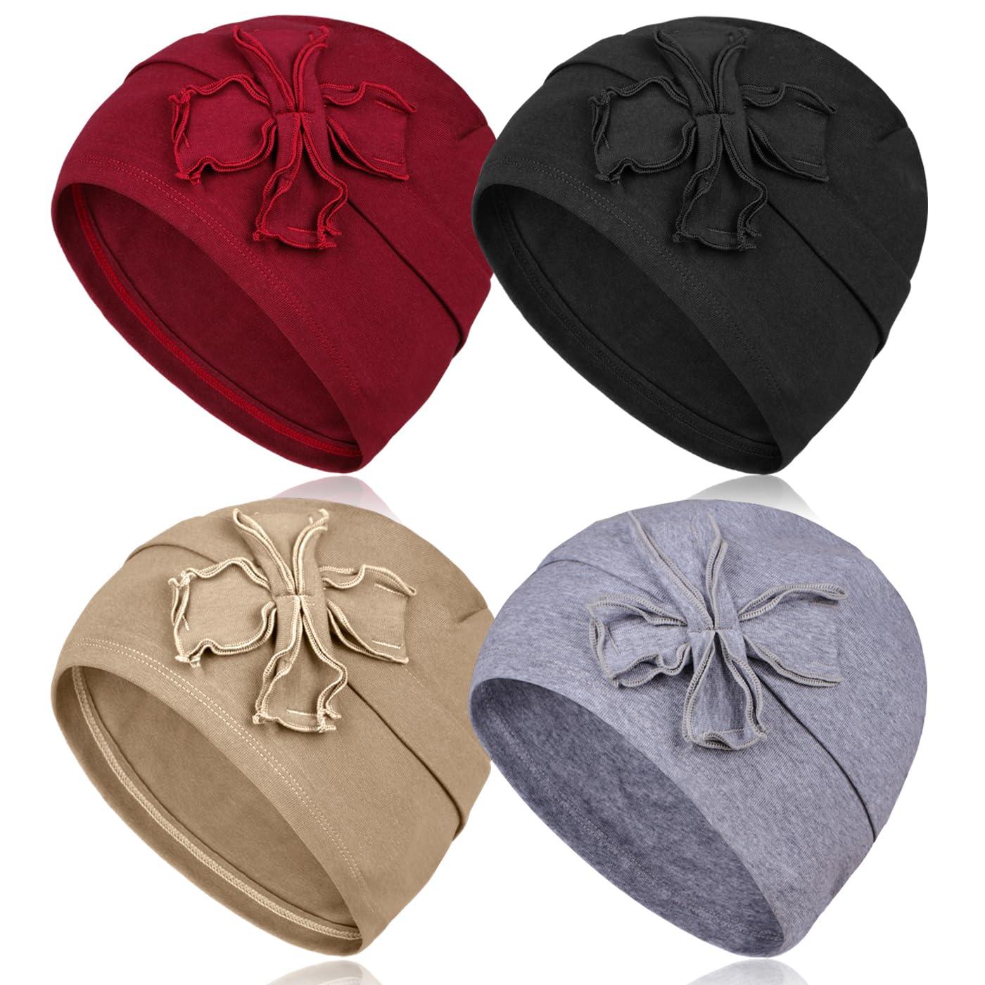 DACKRITO 4 Pieces Cotton Chemo Turbans Headwear Beanie for Women, Chemo Caps with Floral for Cancer Patient Hair Loss, Group-1, One Size