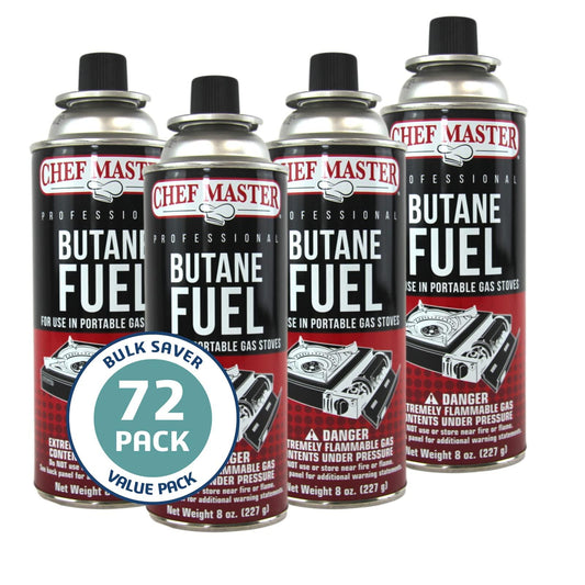 Chef Master #BF-1010 | Pack of 72 Butane Fuel Cylinders| 8oz Butane Canisters. Phil and Gazelle.