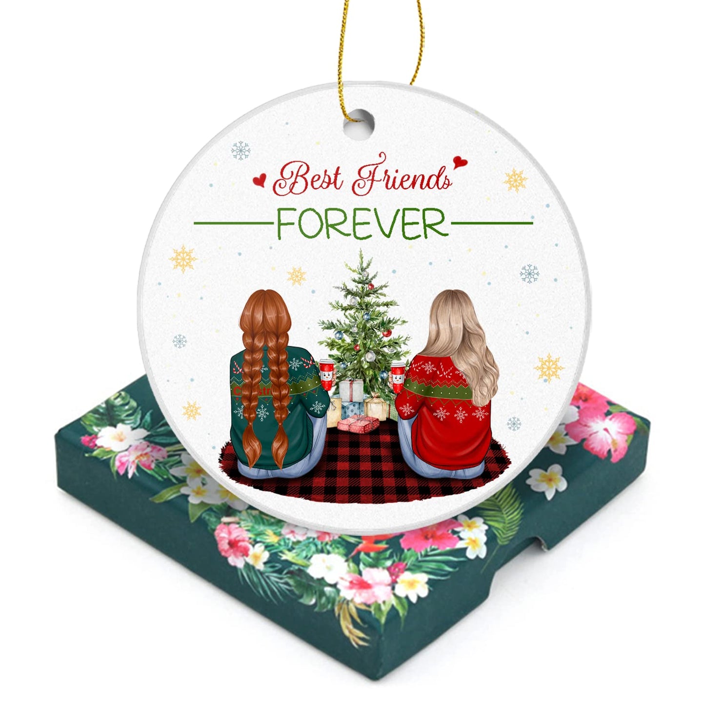 Friendship Christmas Ornament-Best Friends Forever 2024-Holiday Presents Sister Friend Gift Ceramic Decoration Friends Besties Decor Xmas Gifts 3" Round Ceramic Ornament with Gift Box