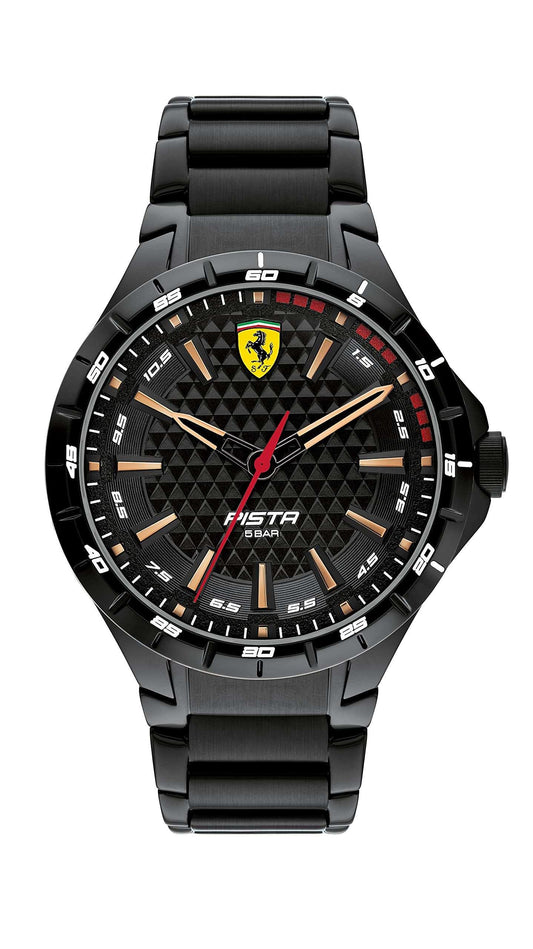 Ferrari Scuderia Pista Men's Quartz Stainless Steel and Link Bracelet Watch, Color: Black (Model: 0830866), Silver, Modern Phil and Gazelle