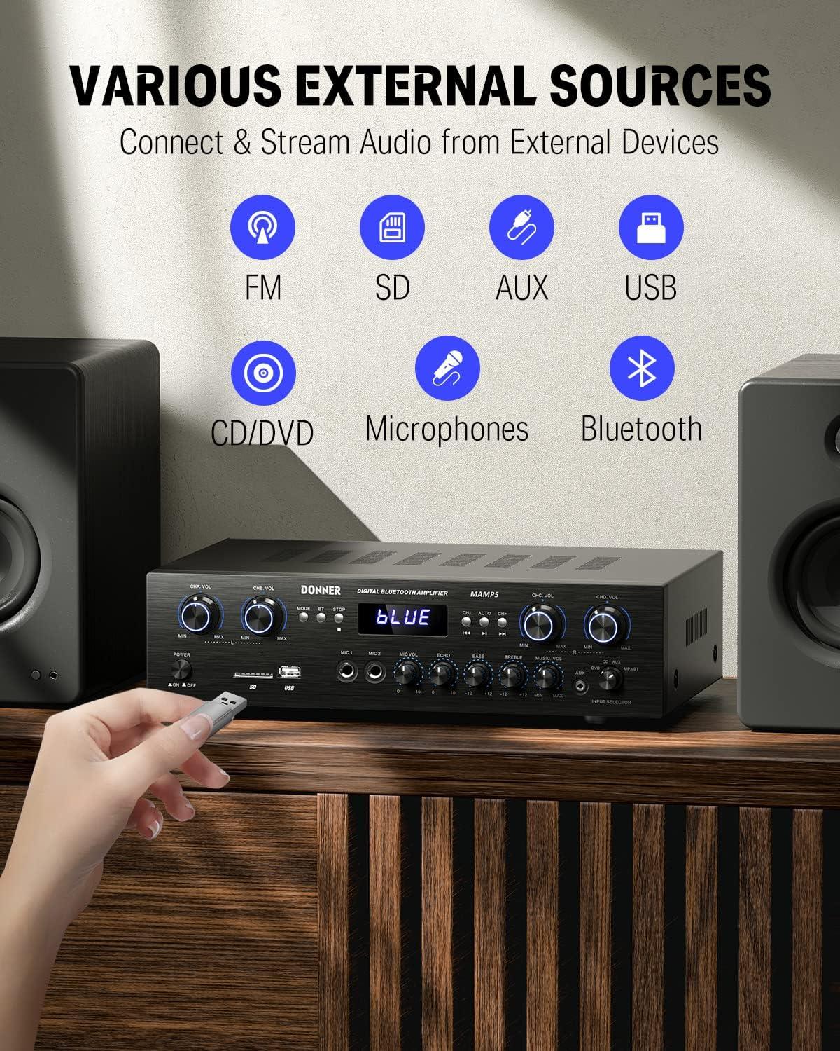 Donner 4 Channel Bluetooth 5.0 Stereo Audio Power Amplifier, 1000W Home Theater. Phil and Gazelle.