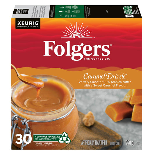 Folgers Caramel Drizzle Flavoured Coffee, Single-Serve K-Cup Pods For Keurig. Phil and Gazelle.