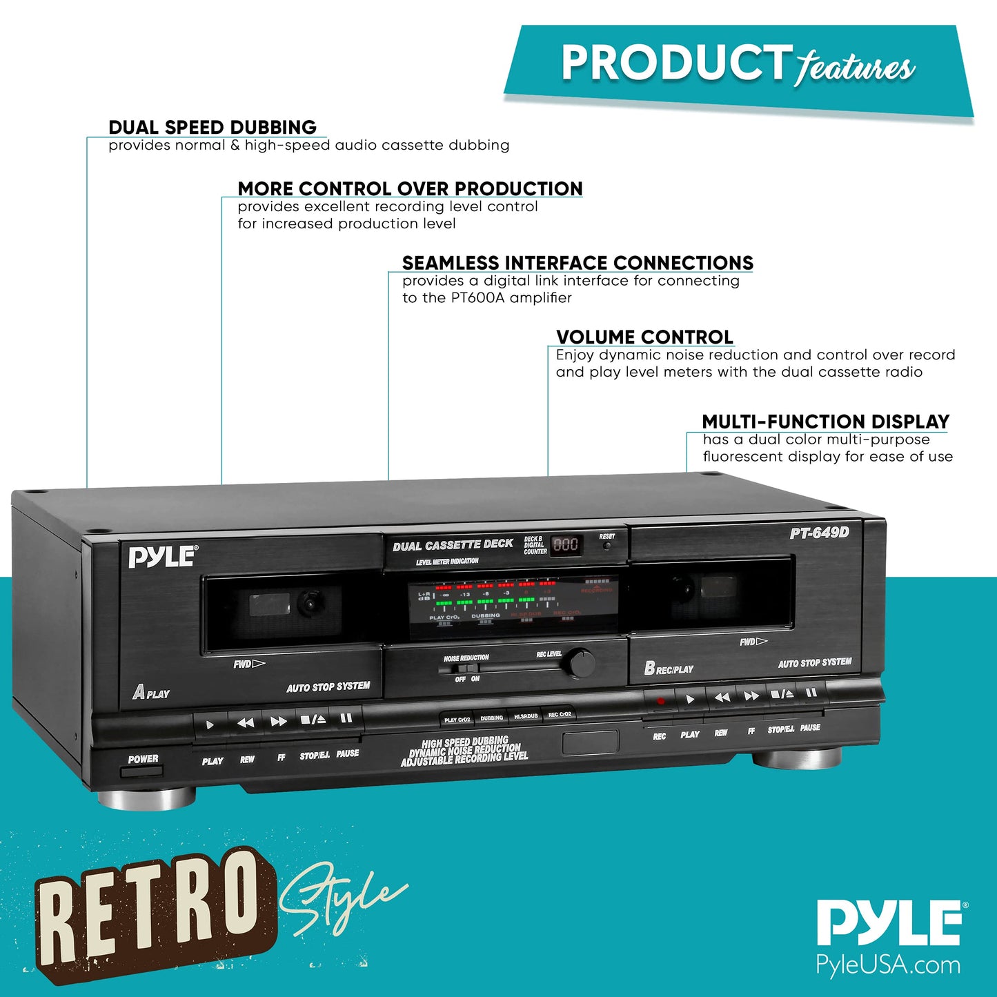 Dual Cassette Deck | Music Recording Device with RCA Cables. Phil and Gazelle.