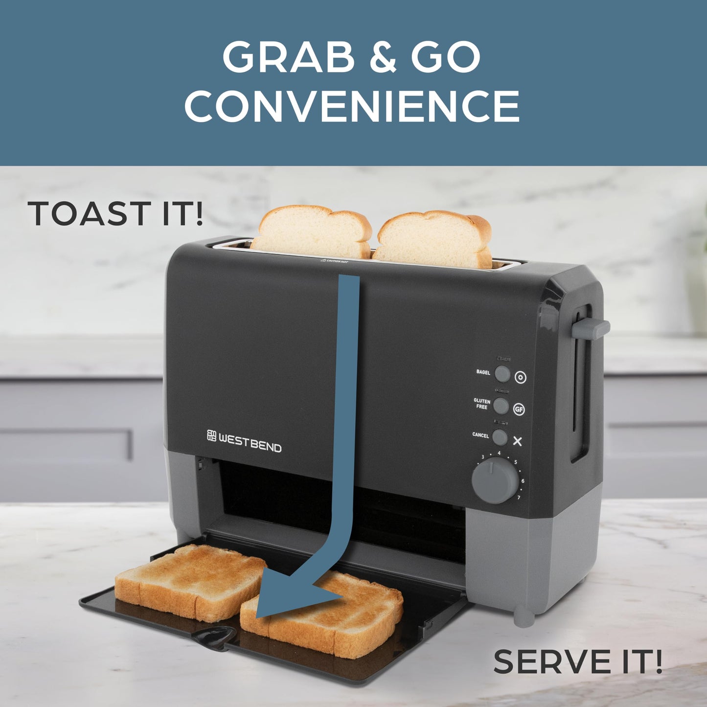 West Bend 77224 QuikServe Slide Through Wide Slot Toaster with Cool Touch Exterior & Removable Crumb Tray, 2-Slice, Black