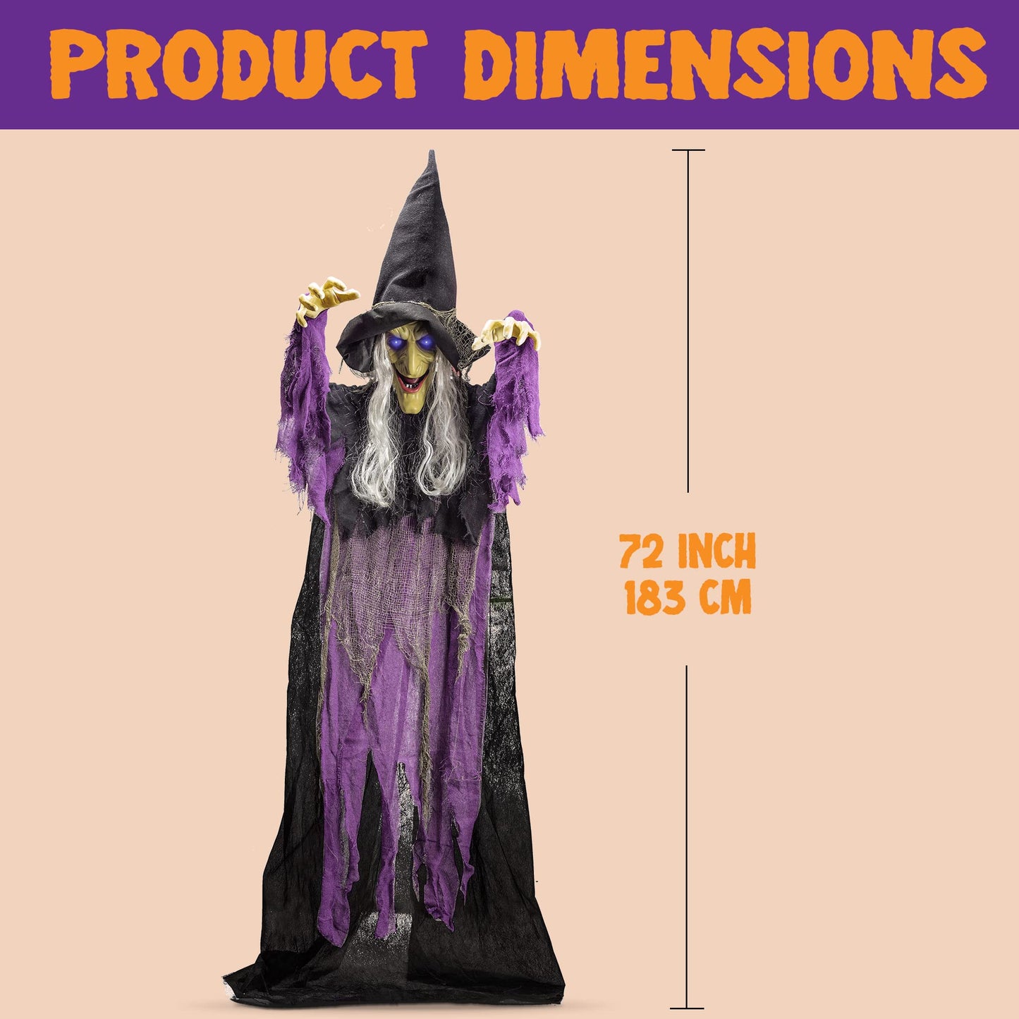 JOYIN 72” Halloween Hanging Flying Witch Animatronic Purple, Talking Animated Witch Light Up Eyes Sound Activated, Halloween Decorations Outside Indoor Animatronics Haunted House