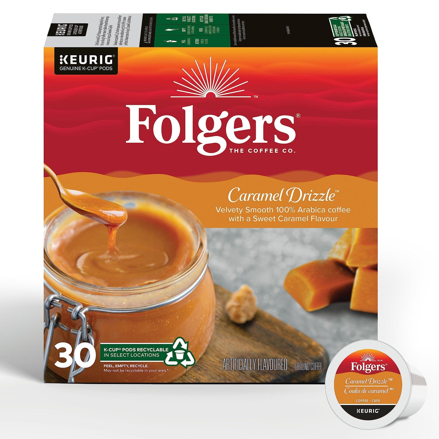 Folgers Caramel Drizzle Flavoured Coffee, Single-Serve K-Cup Pods For Keurig. Phil and Gazelle.