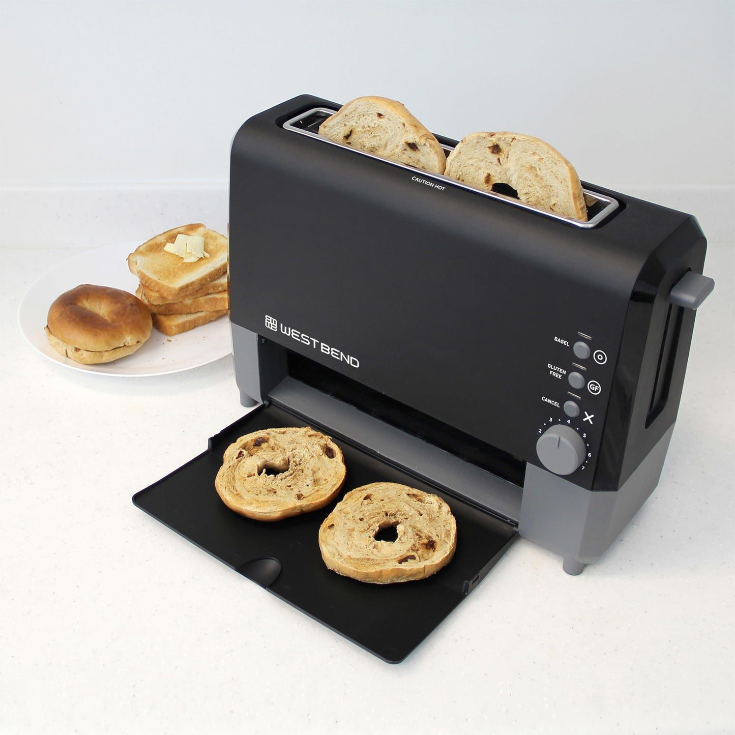 West Bend 77224 QuikServe Slide Through Wide Slot Toaster with Cool Touch Exterior & Removable Crumb Tray, 2-Slice, Black