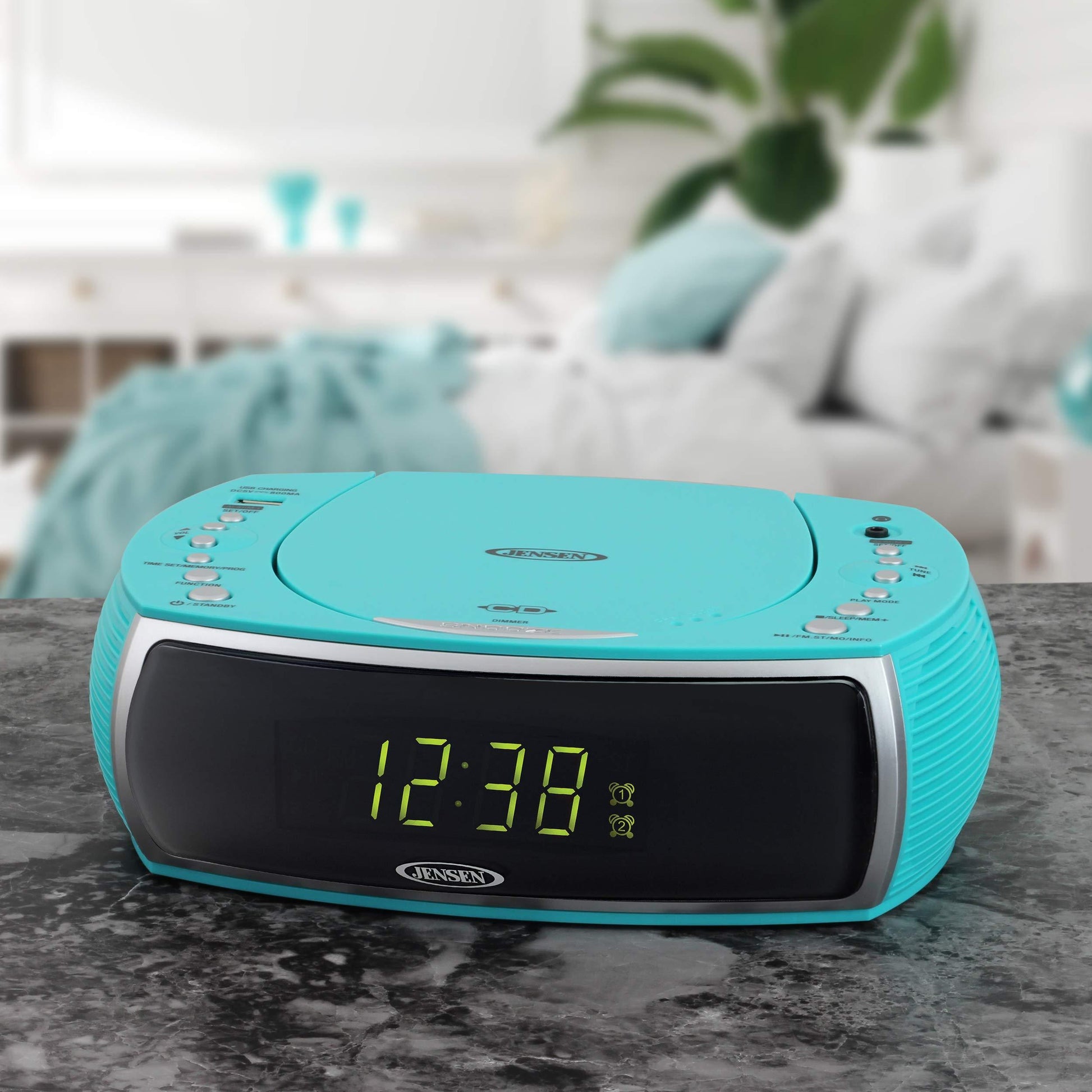 Jensen Turquoise Modern Home CD Tabletop Stereo Clock Digital AM/FM Radio CD Player. Phil and Gazelle.