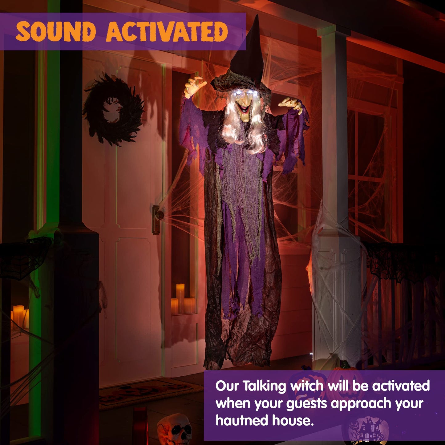 JOYIN 72” Halloween Hanging Flying Witch Animatronic Purple, Talking Animated Witch Light Up Eyes Sound Activated, Halloween Decorations Outside Indoor Animatronics Haunted House