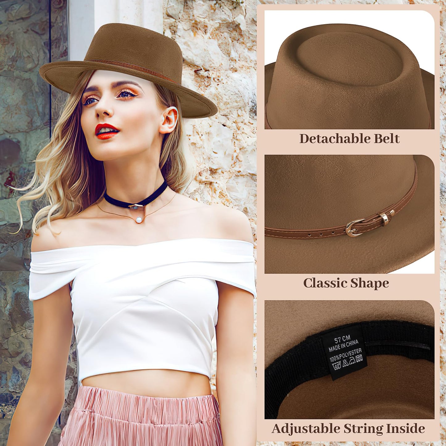 4 Pcs Women Classic Felt Fedora Wide Brim Hat with Belt Buckle Vintage Jazz Hat Boho Panama Hat for Party Travel Beach