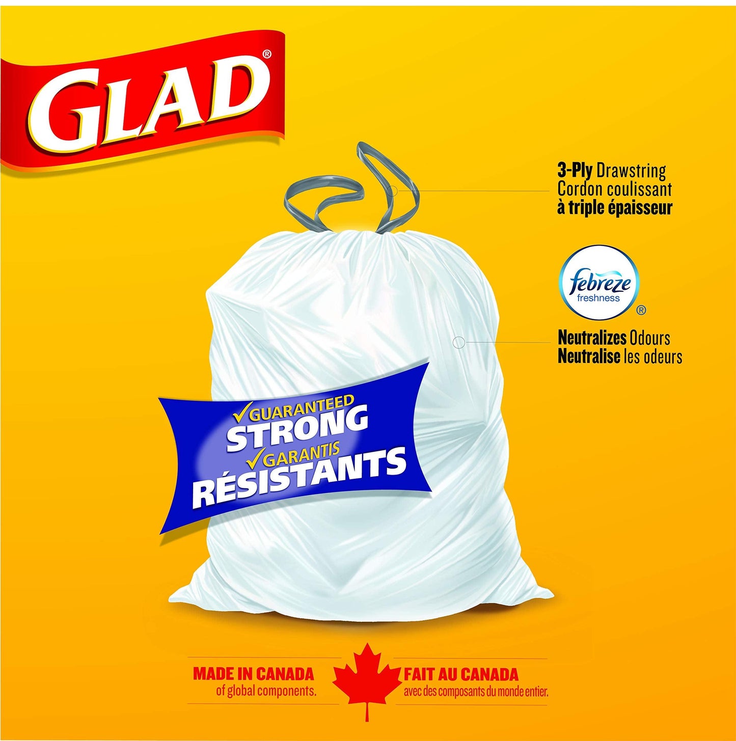 Glad White Garbage Bags - Tall 45 Litres - ForceFlex, Drawstring, with Febreze Fresh Clean Scent, 50 Trash Bags, Made in Canada of Global Components Phil and Gazelle