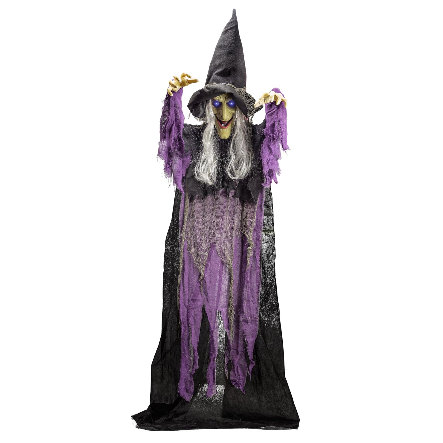 JOYIN 72” Halloween Hanging Flying Witch Animatronic Purple, Talking Animated Witch Light Up Eyes Sound Activated, Halloween Decorations Outside Indoor Animatronics Haunted House