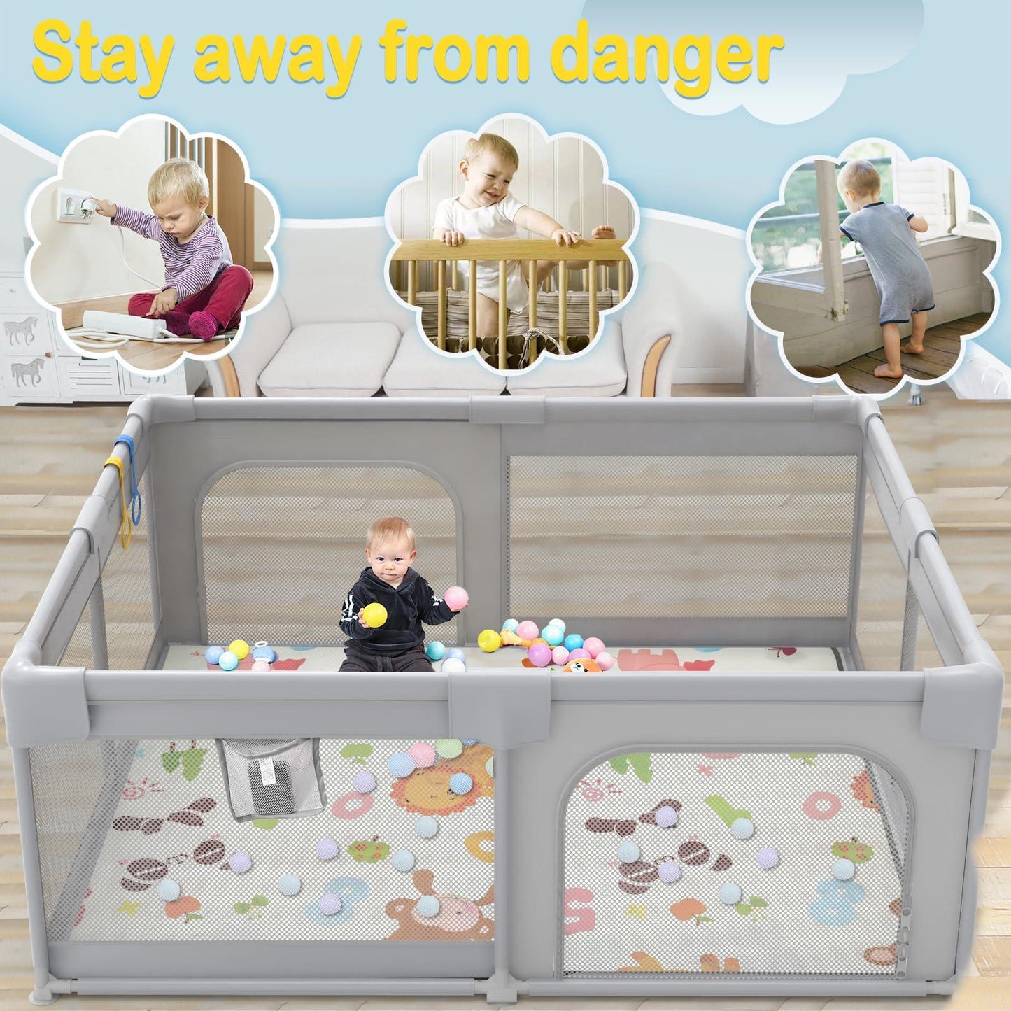 Palopalo Baby Playpen, 71"x59" Extra Large Playard for Babies and Toddlers. Phil and Gazelle.