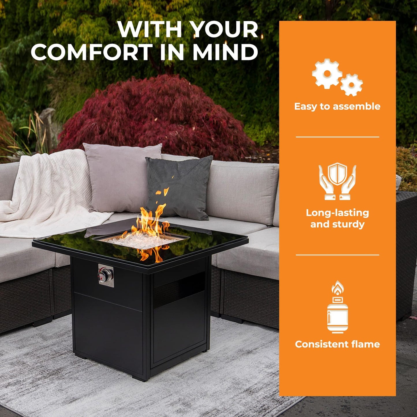 Square Fire Pit Table for Outside Patio – 30" Small Outdoor Propane Gas Fire Table. Phil and Gazelle.