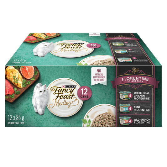 Fancy Feast Medleys Wet Cat Food, Florentine Collection Variety Pack 3 Flavours - 85 g Can (12 Pack) Phil and Gazelle