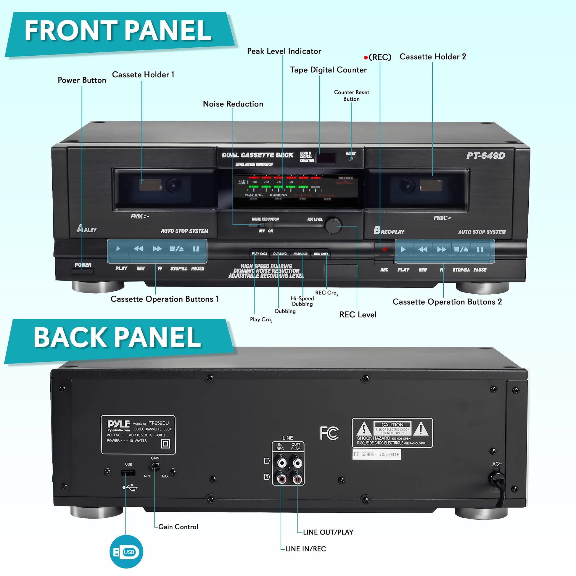 Dual Cassette Deck | Music Recording Device with RCA Cables. Phil and Gazelle.