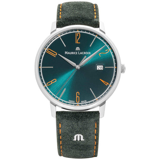 MAURICE LACROIX Eliros Date Green EL1118-SS001-620-5 Men's Watch Analogue Quartz with Green Velour Leather Strap, Green, Strap.