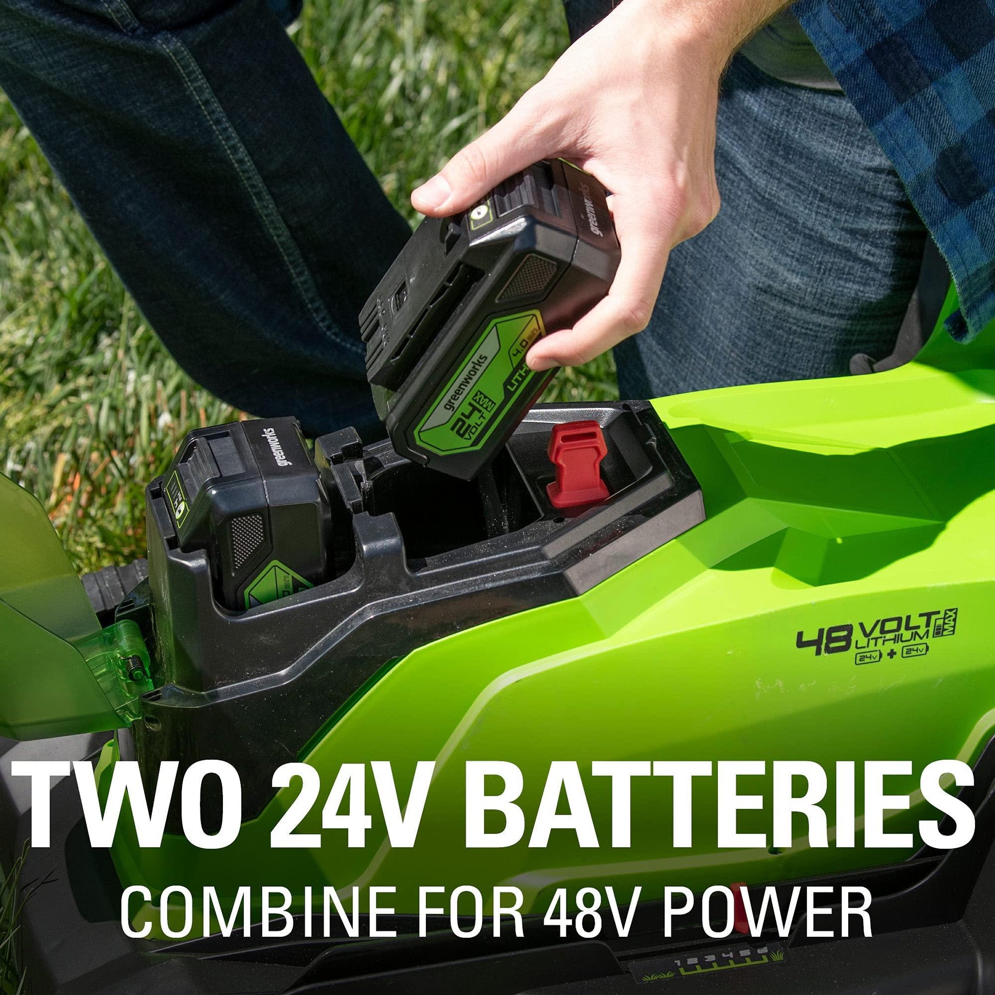 Greenworks 48V 17" Lawn Mower, 2 x 24V 4Ah Batteries Phil and Gazelle