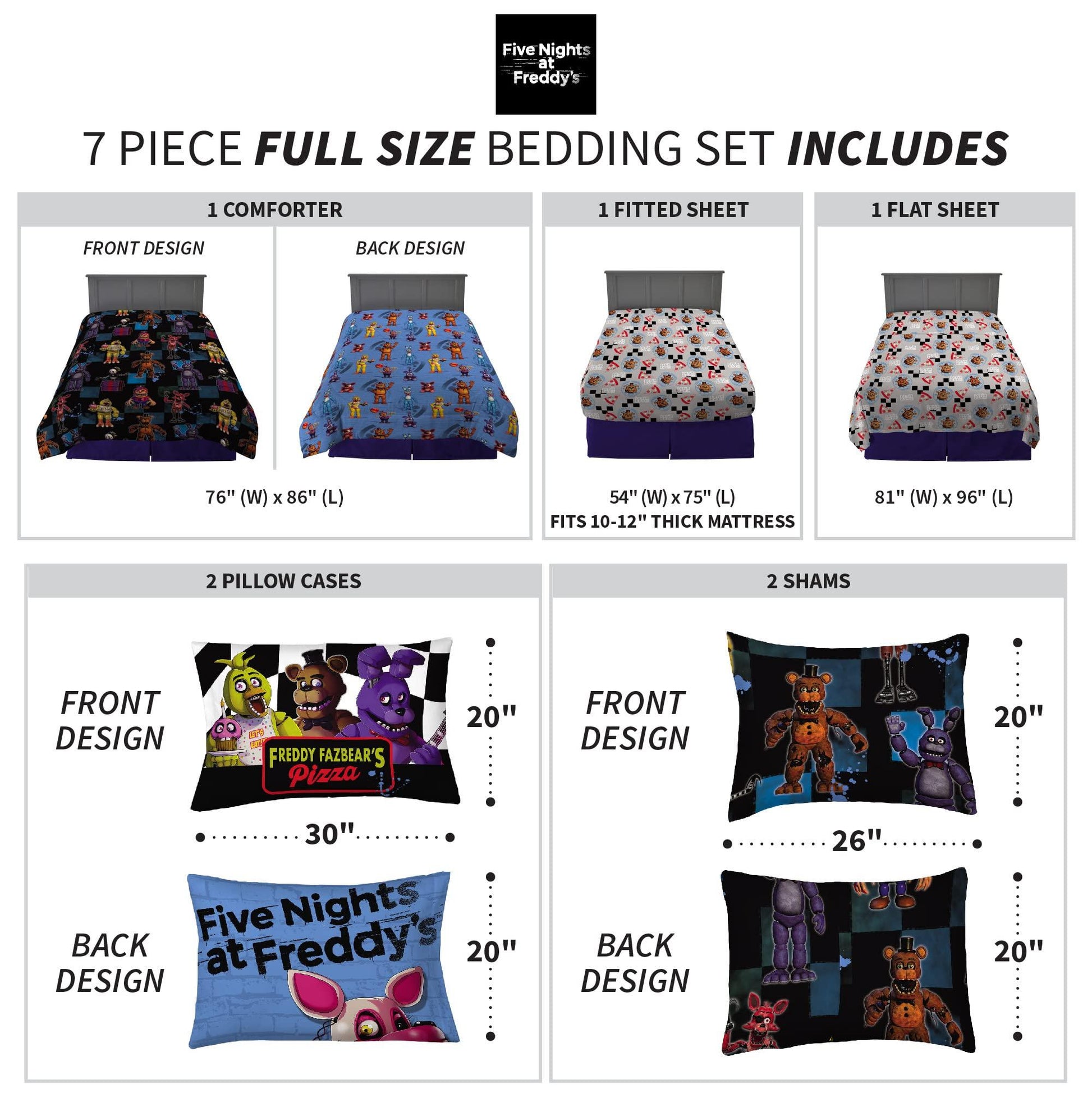 Five Nights at Freddy's Super Soft Comforter and Sheet Set with Sham, 7 Piece Full Size, Phil and Gazelle.