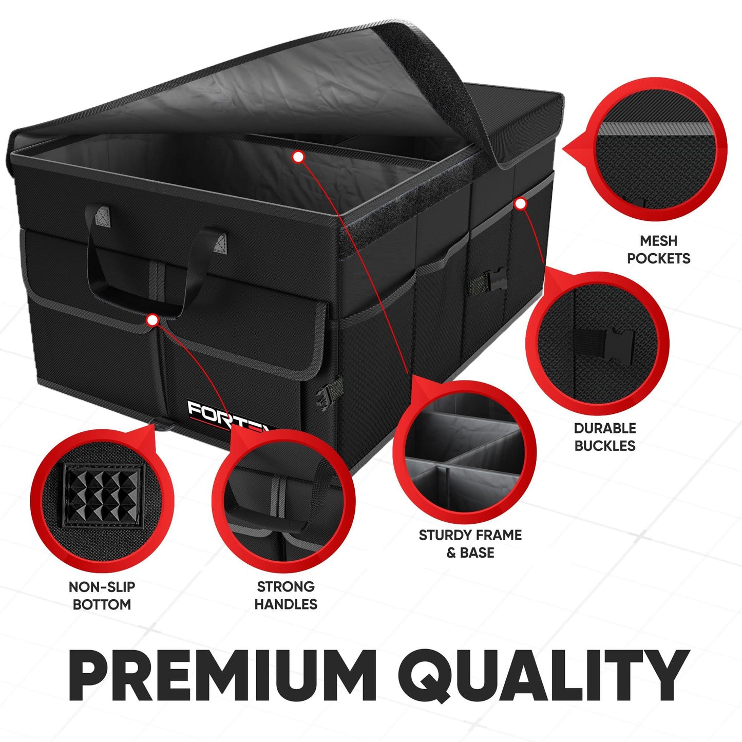 FORTEM Car Trunk Organizer, Collapsible Multi Compartment Car Organizer, Foldable SUV Storage for Car Accessories. Phil and Gazelle.