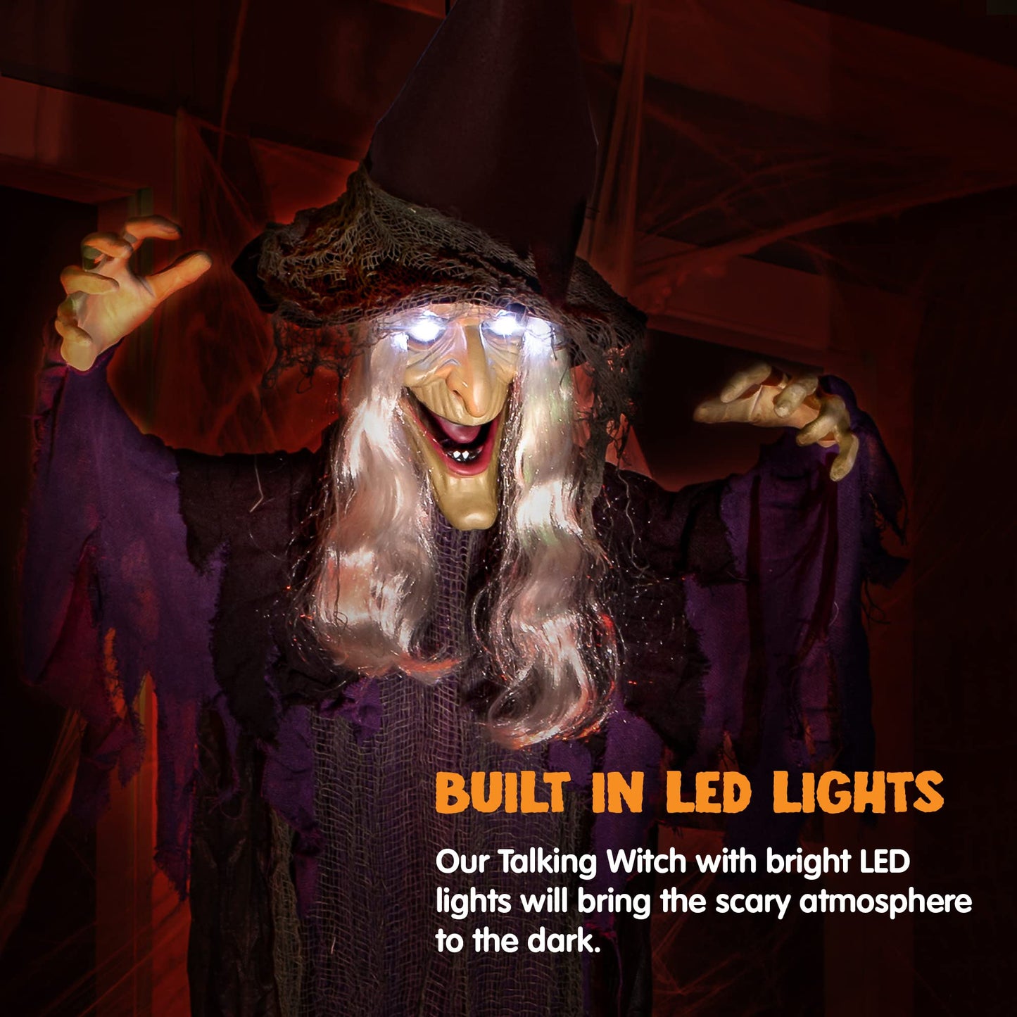 JOYIN 72” Halloween Hanging Flying Witch Animatronic Purple, Talking Animated Witch Light Up Eyes Sound Activated, Halloween Decorations Outside Indoor Animatronics Haunted House