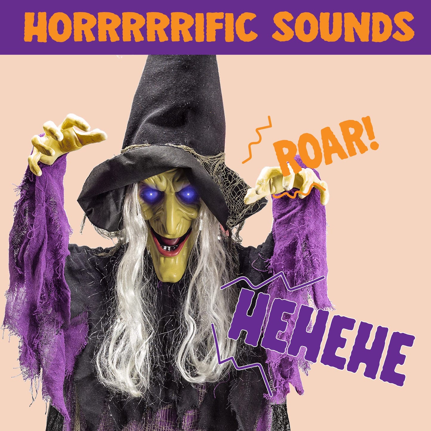 JOYIN 72” Halloween Hanging Flying Witch Animatronic Purple, Talking Animated Witch Light Up Eyes Sound Activated, Halloween Decorations Outside Indoor Animatronics Haunted House