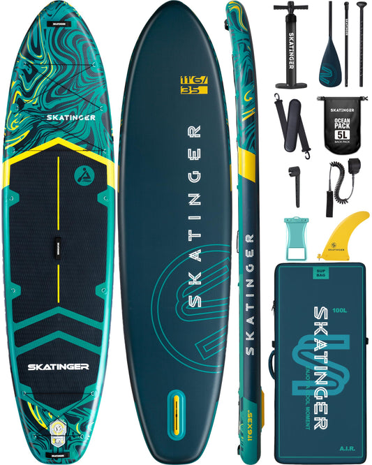 Skatinger 11'6×35" Super Wide Inflatable Stand Up Paddle Board, Ultra Stable Wide SUP for 2+1 People/Family/Big Size w/Shoulder Strap, 100L Backpack, All-Round Sup Board, US Fin. Phil and Gazelle.